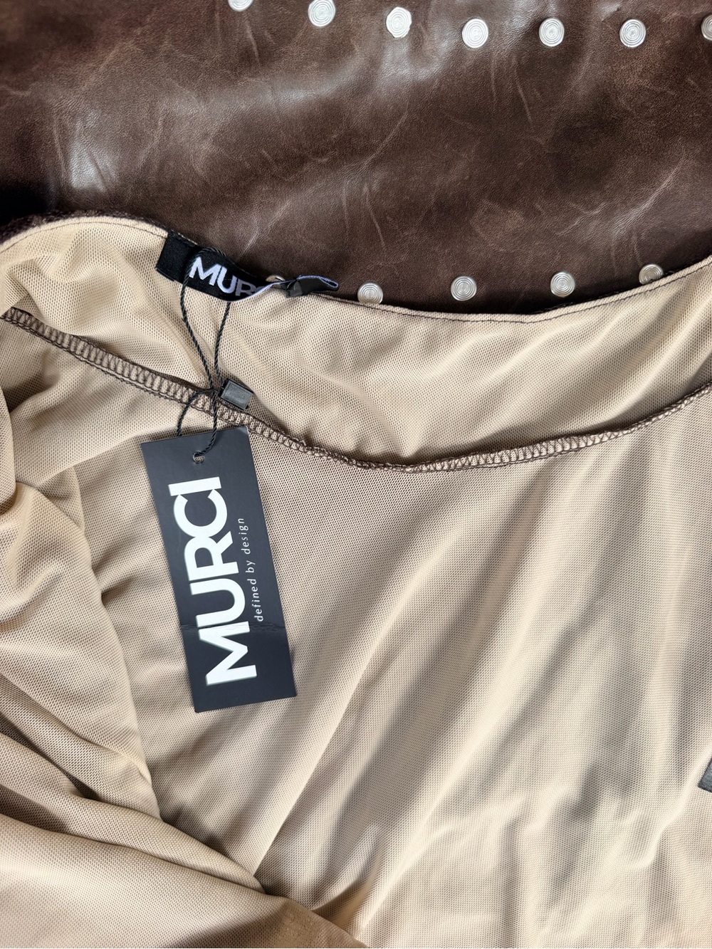 Studded Faux-Leather Waist Lace Tiered Skater Skirt - Brown - Picture 2 of 3